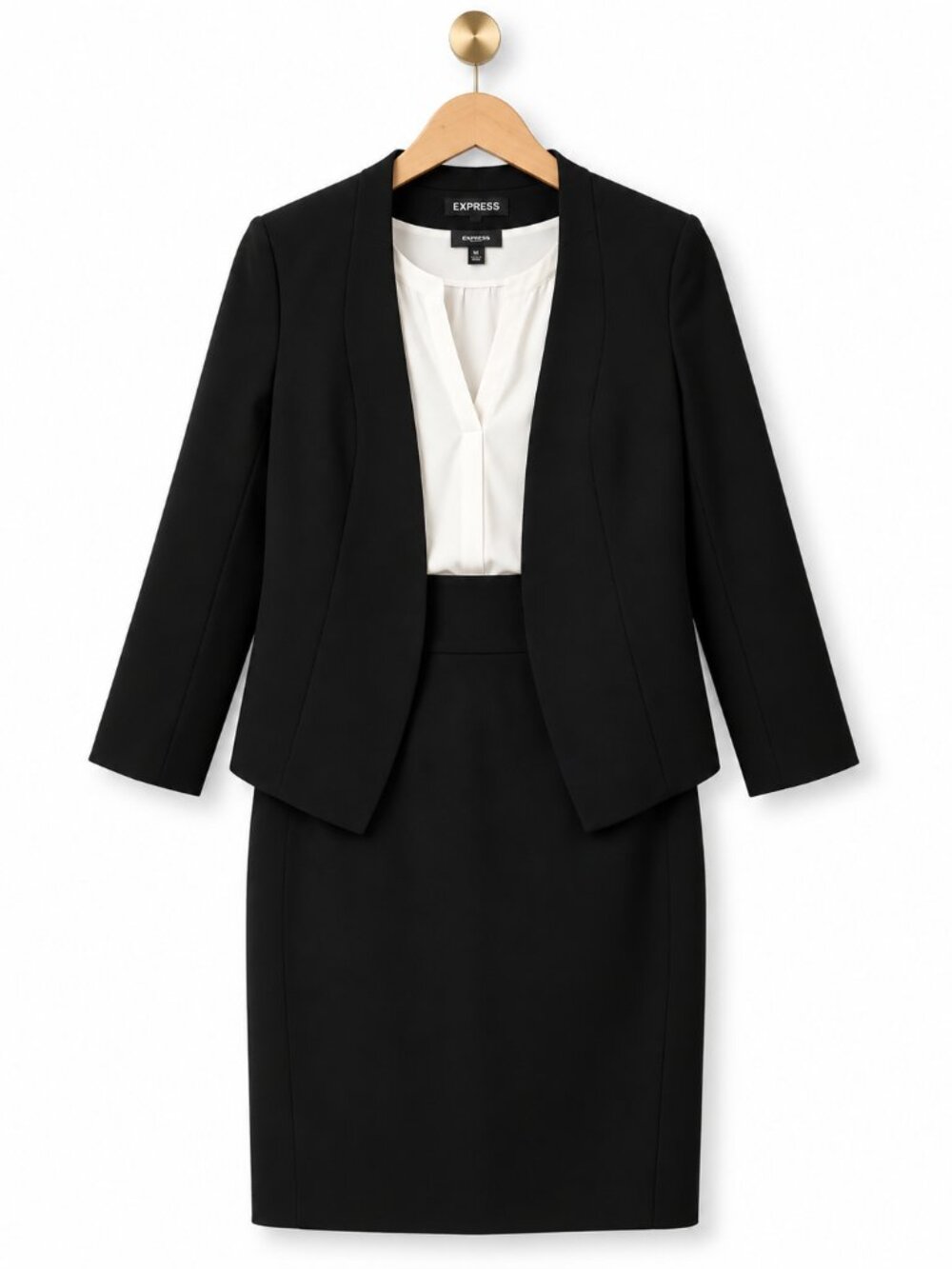 Express 3 Piece Black Suit Set Blazer Pencil Skirt Top XS 00 0 Career Workwear